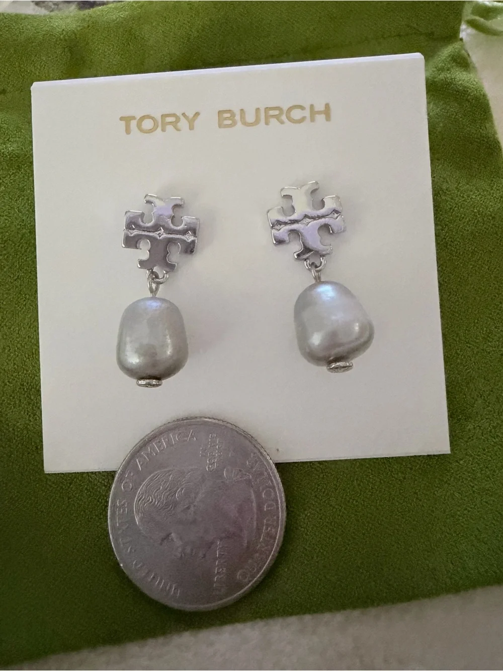 Tory Burch Silver Tone Logo Pearl Drop Earrings